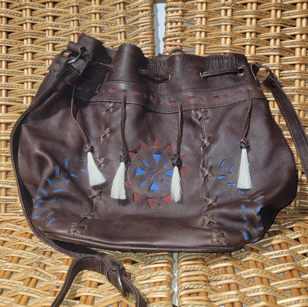 Kobler Toledo Bucket Bag Brown Leather Horse Hair Tassel Western Cowboy Festival